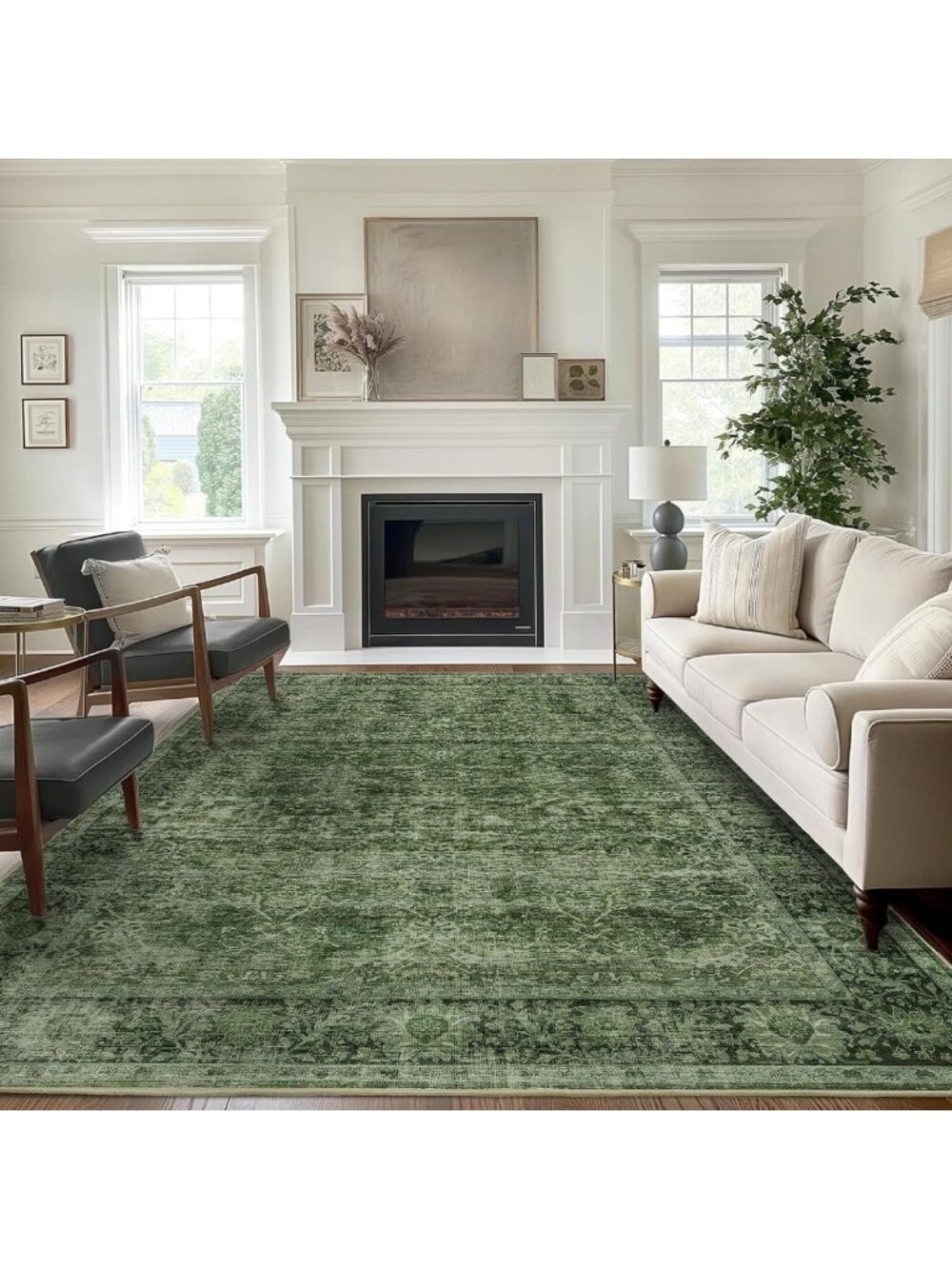 Vintage Distressed 5x7 Green Washable Area Rug for Living Room & Bedroom Decor